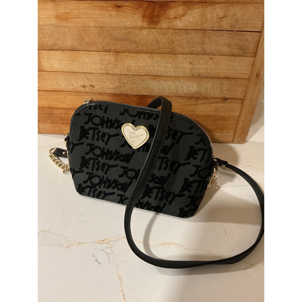 Betsey Johnson Black Script Logo Crossbody Bag Gold Heart Hardware Floral Lining